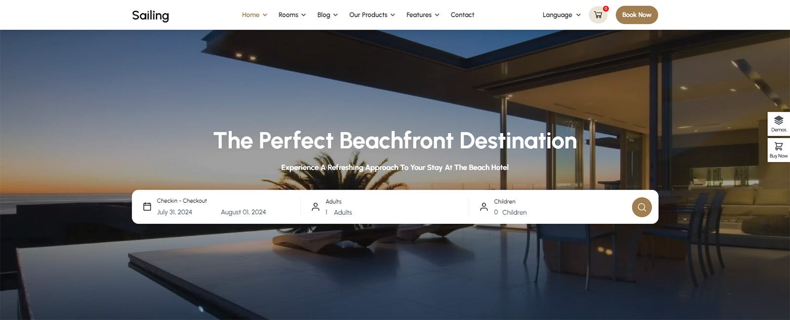 Photograph of Sailing, a multipage WordPress theme for hotels with a range of responsive page layouts.