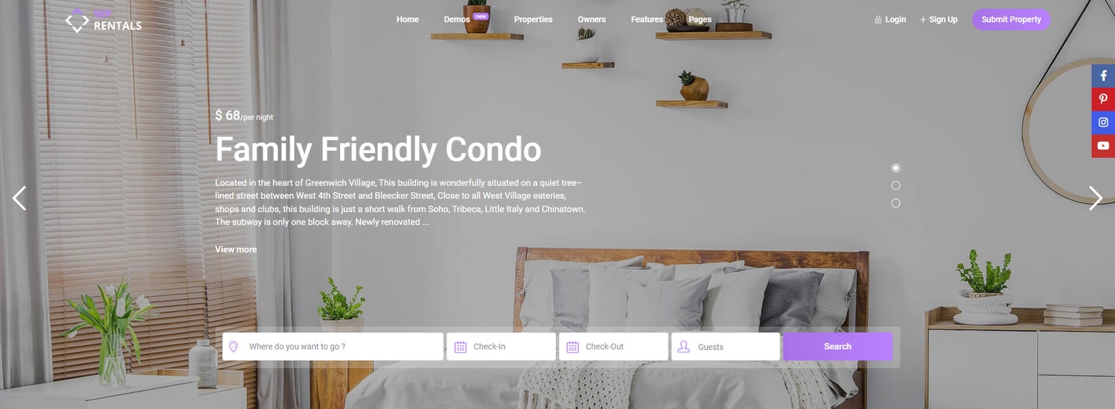 Image of WP Rentals, a hotel website design example with customizable booking options.