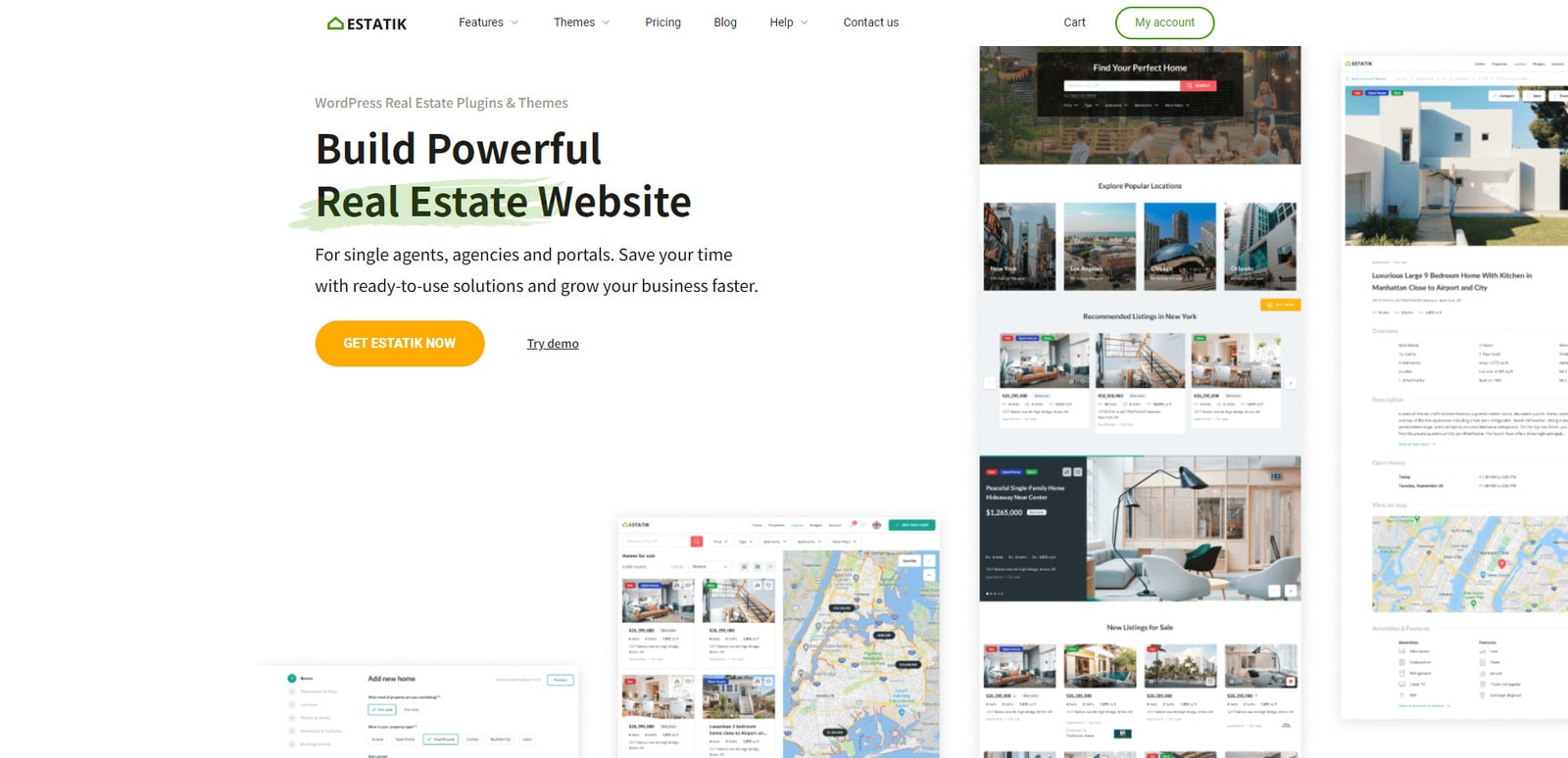 Graphic of Estatik Real Estate Plugin, a flexible plugin for WordPress real estate website examples with a customizable property search widget.