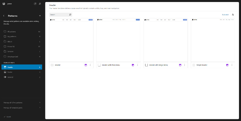 Template parts, such as headers belong to the Site structure