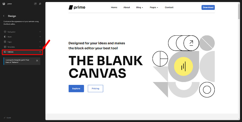 To locate existing patterns and template parts, go to Appearance > Editor, and select Patterns from the left design panel