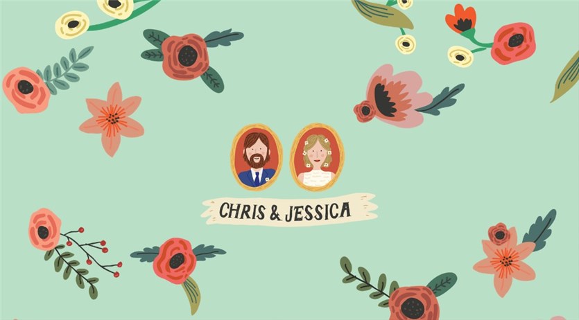 Screenshot of the Jess and Chris Forevz wedding website examples in green and red colors.