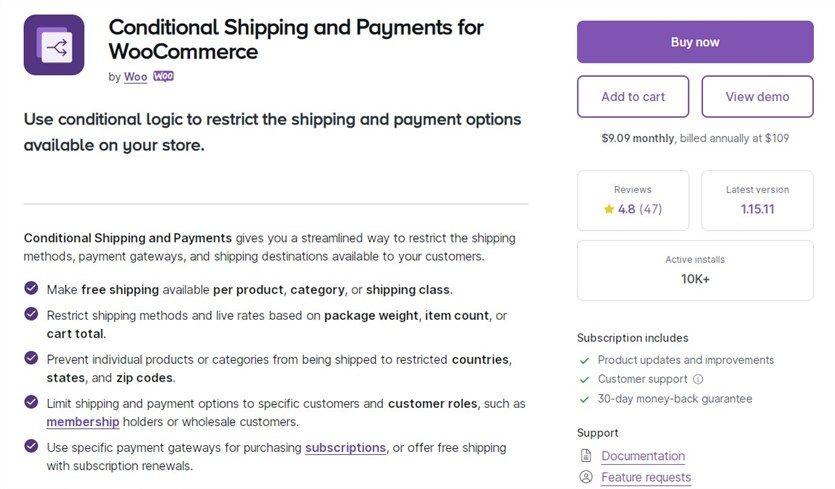 Screenshot of the Conditional Shipping and Payments for WooCommerce plugin.