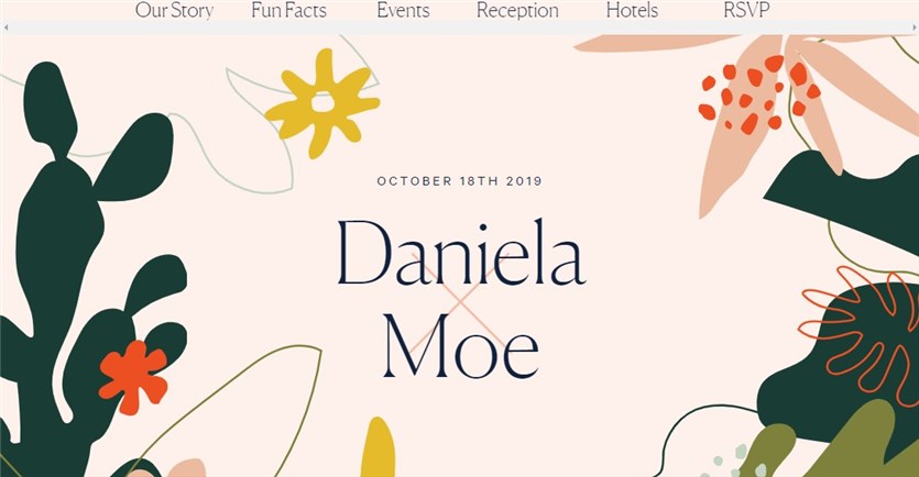 Screenshot of the Daniela and Moe wedding website homepage example with flowers on the background.