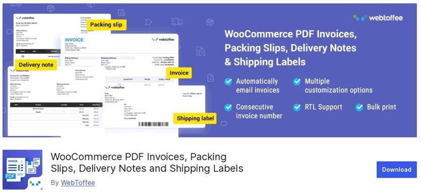 Screenshot of the WooCommerce PDF Invoices, Packing Slips, Delivery Notes and Shipping Labels plugin.