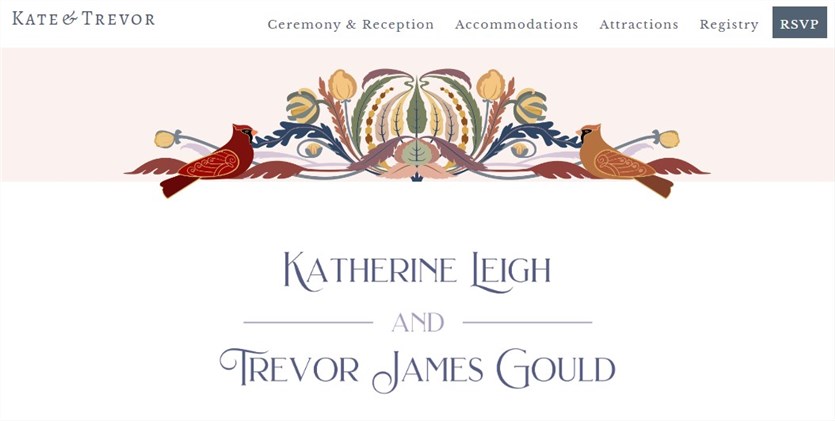 Screenshot of the Kate and Trevor wedding website homepage.