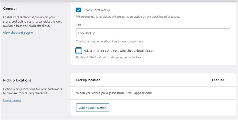 Screenshot of the Local Pickup method settings.