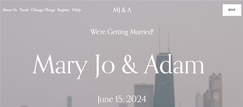 Screenshot of the Mary Jo and Adam wedding website examples homepage in gray and white colors.