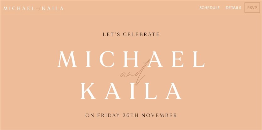 Screenshot of the Kaila and Michael wedding website in orange and white colors.