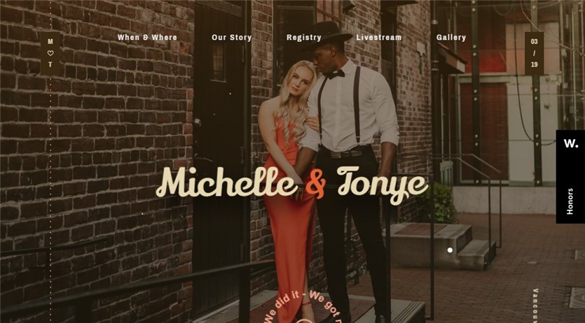 Screenshot of the Michelle and Tonye wedding website examle in red, brown, and black colors.