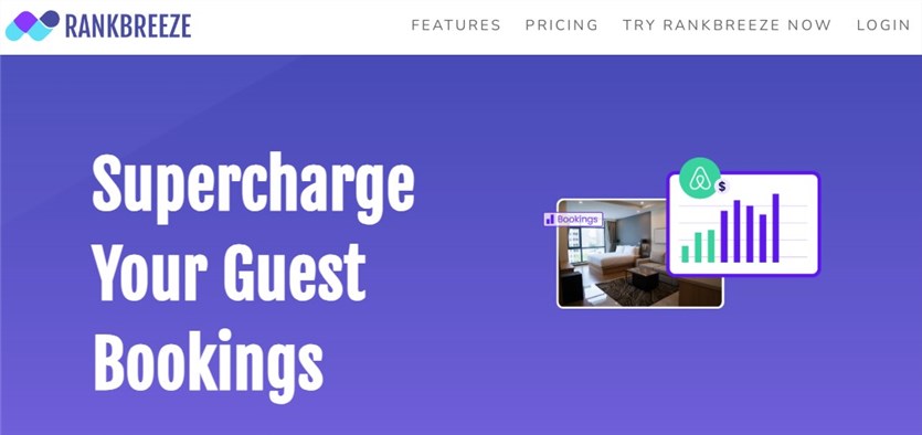 Screenshot of the Rankbreeze revenue management tool homepage in violet and white colors.