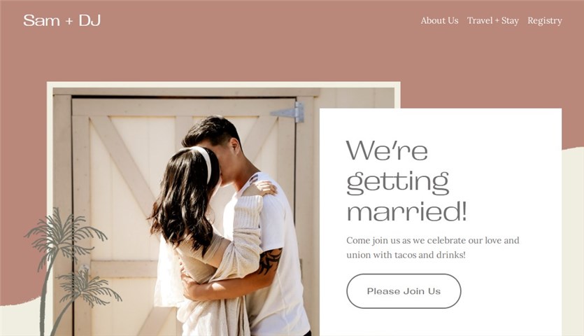 Screenshot of the Sam and DJ wedding invitation website in pink and white colors.