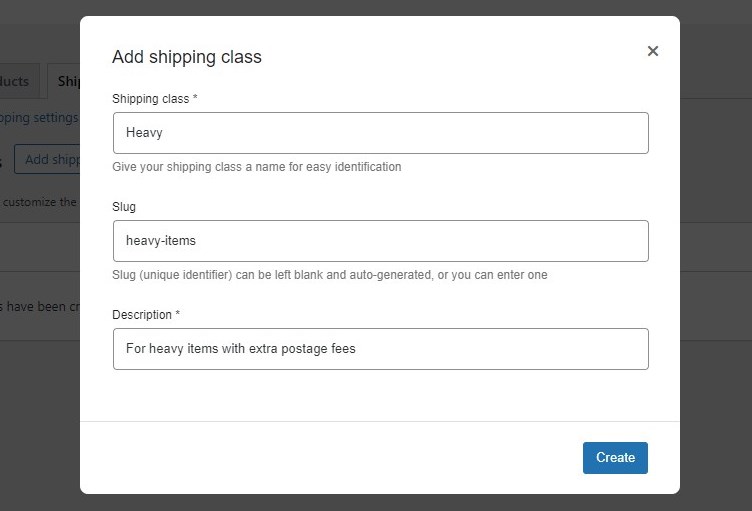 Screenshot of the Shipping Class window with title and description.