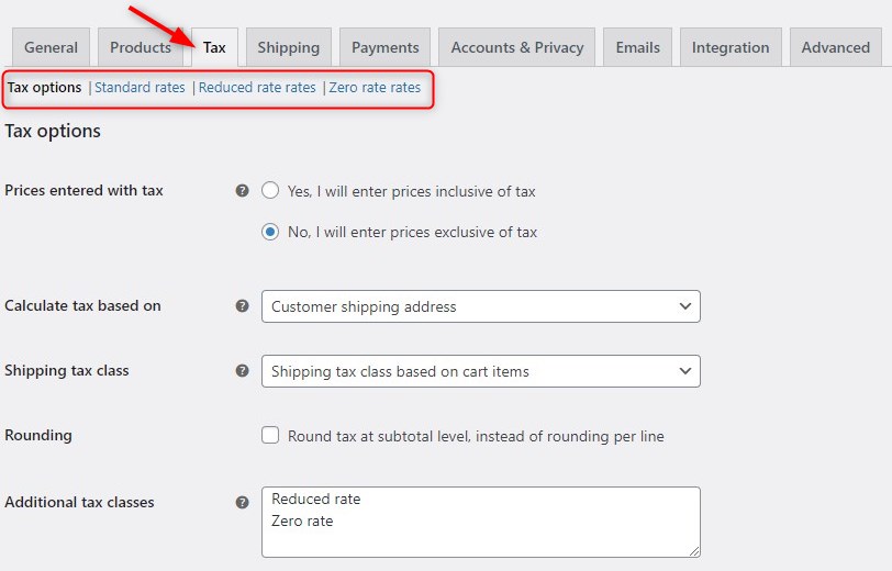 Screenshot of the WooCommerce tax options tab.