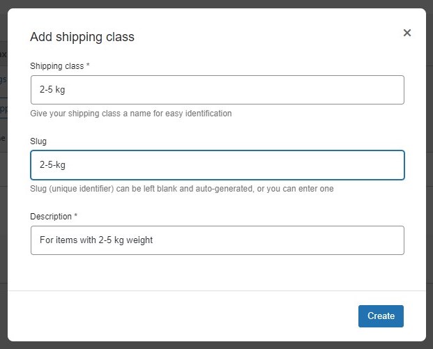 Screenshot of the weight-based shipping class window.