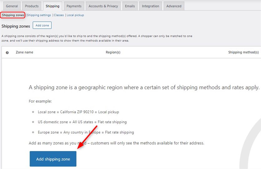 Screenshot of the add Shipping Zone option.