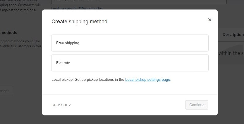 Screenshot of the shipping method window.