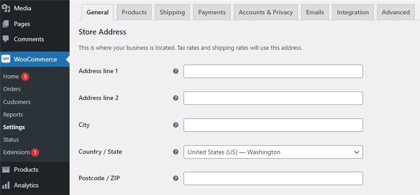 Screenshot of the WooCommerce general settings tab.