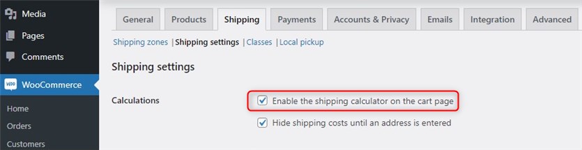 Screenshot of the WooCommerce shipping calculator tab.