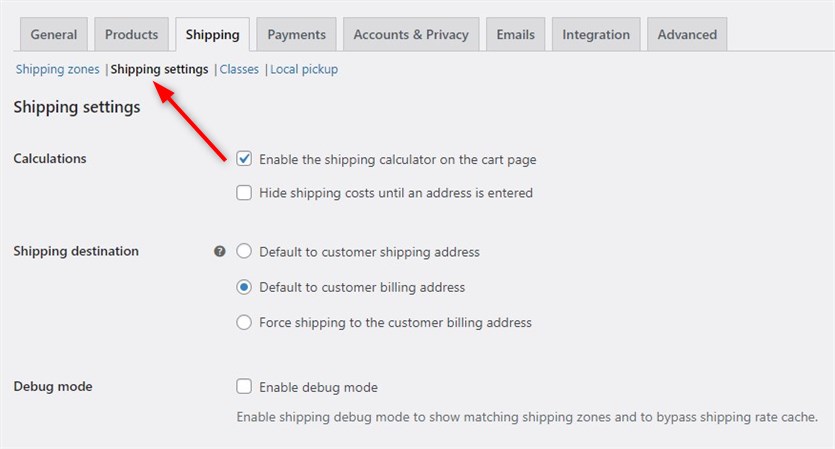 Screenshot of the WooCommerce shipping settings tab.