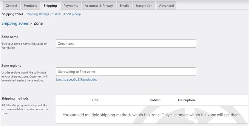 Screenshot of the WooCommerce shipping zone settings.