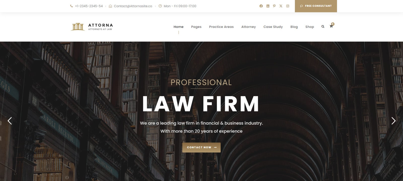 Graphic of Attorna, an attorney WordPress theme with 6 included demo designs.