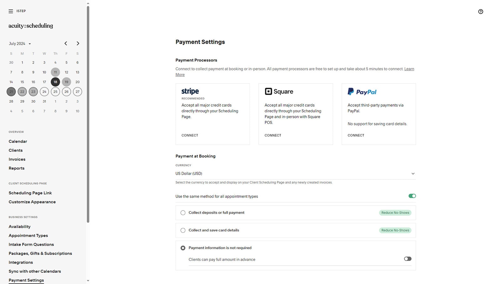 Illustration of online payment setting included with Acuity Scheduling as a part of Acuity Scheduling vs Calendly comparison.