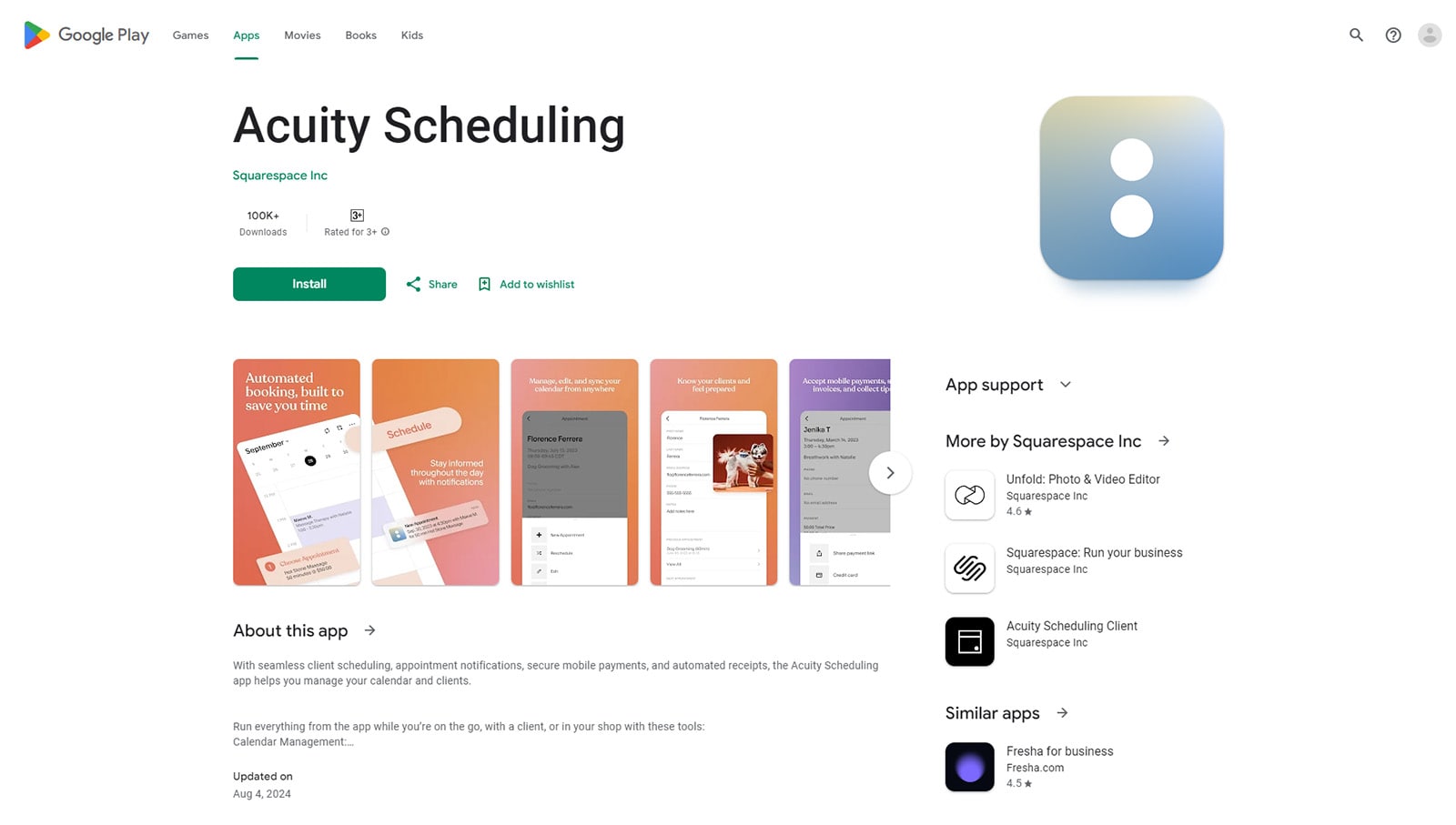 Visual of Android mobile app page available for Acuity Scheduling users.