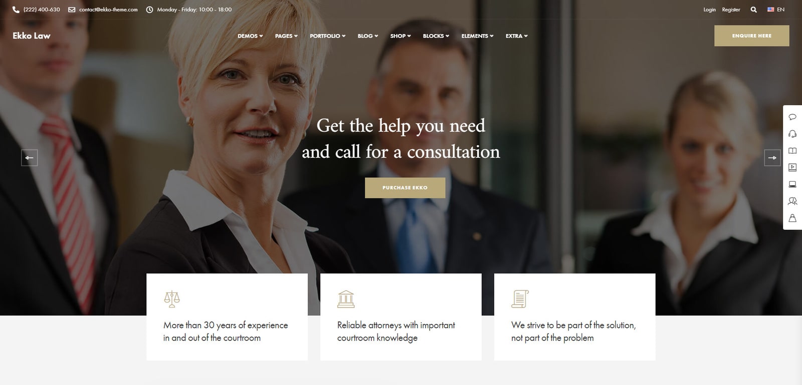 Snapshot of Ekko, a flexible solution for WordPress users with lawyer website template blocks.