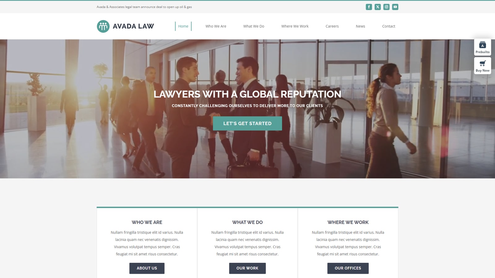 View of Avada, an attorney WordPress theme with a clean and content-rich layout.