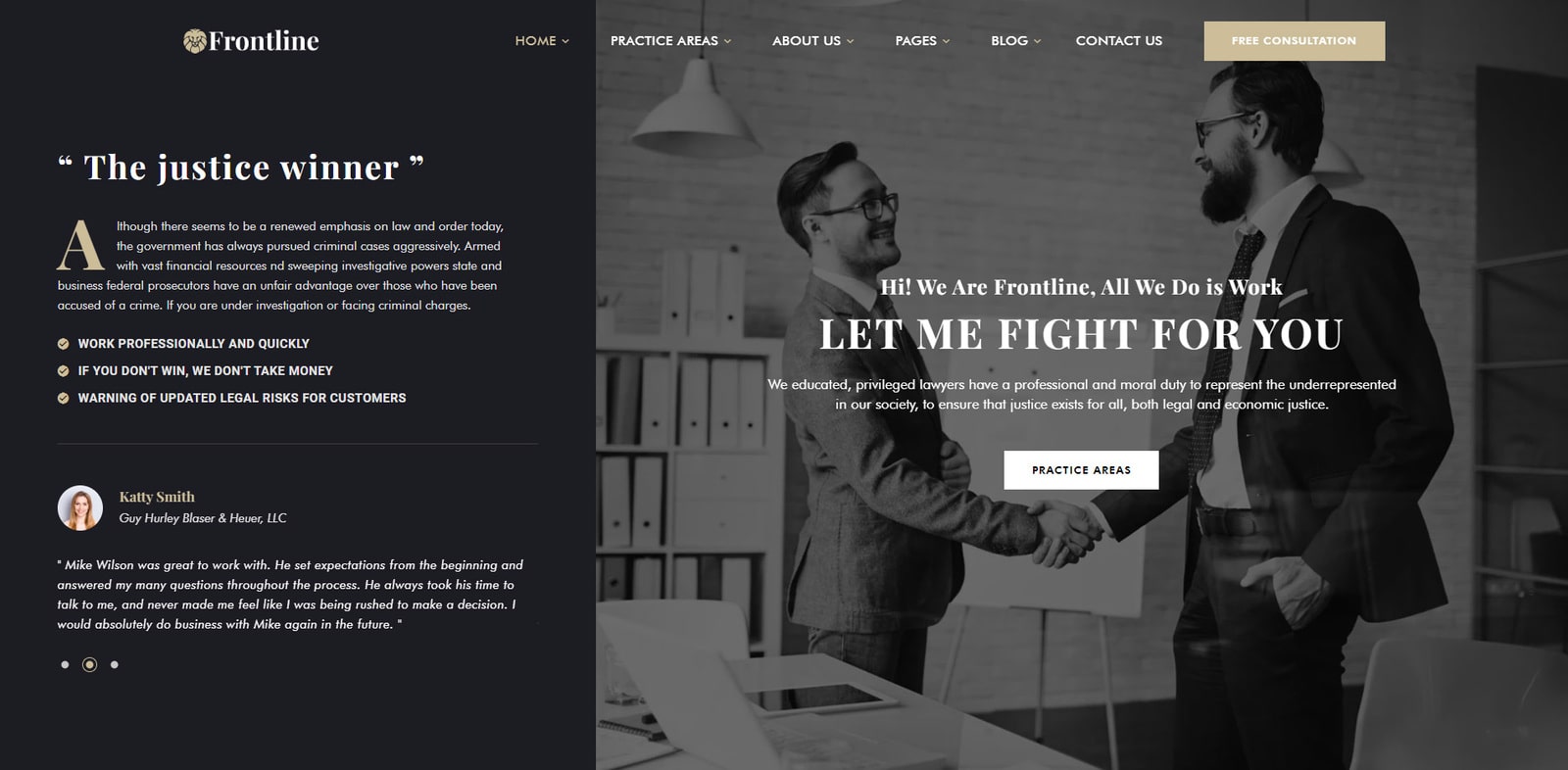 Illustration of FrontLine, an engaging law firm template for WordPress with a customizable header & footer.