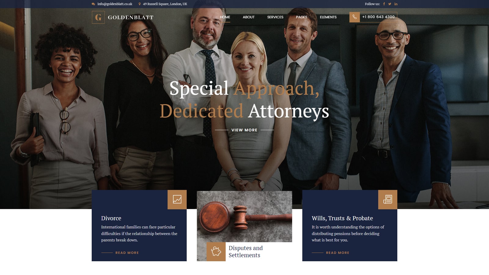 Picture of Goldenblatt, an attorney WordPress theme with a drag-and-drop page builder.