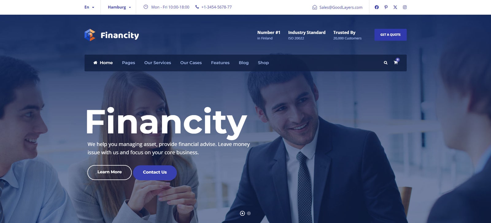 Representation of Financity, an attorney WordPress theme with background wrapper options.