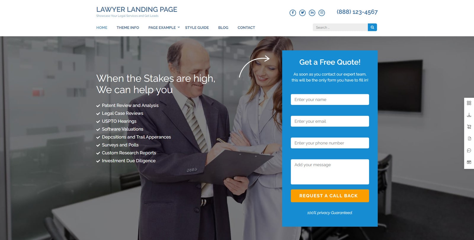 Visual of Lawyer Landing Page Pro, a lawyer WordPress theme with multi-language plugin support.