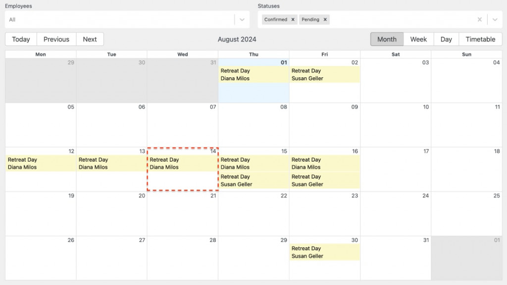 Appointment bookings calendar.