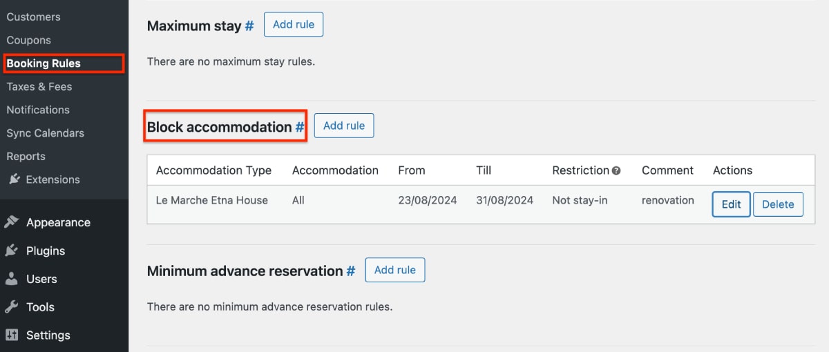 The booking rules menu in Hotel Booking.