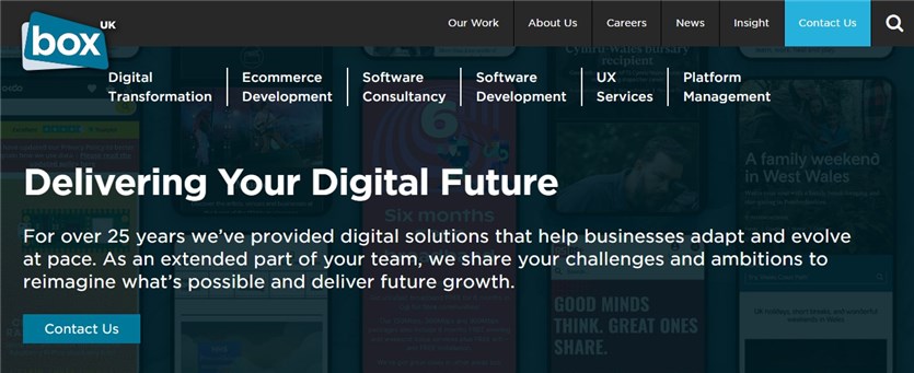 Screenshot of the Box UK custom website development agency website.