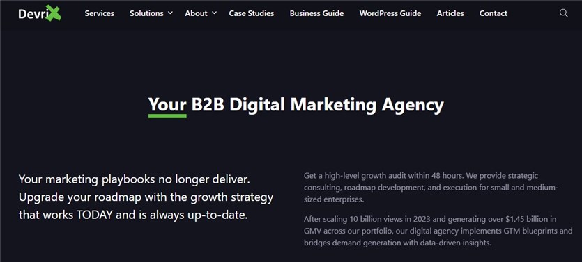 Screenshot of the Devrix custom wordpress website development agency homepage in the dark mode.