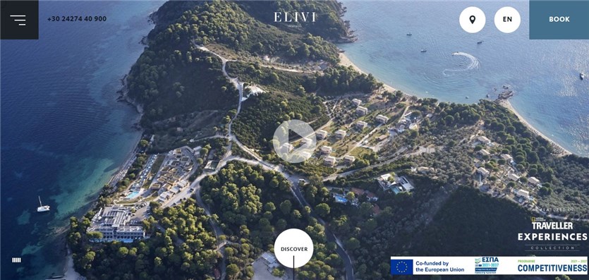 Screenshot of the Elivi Hotels Skiathos website with video background.