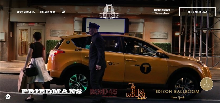 Screenshot of the Hotel Edison homepage in yellow and gray colors.