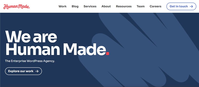 Screenshot of the Human Made agency homepage in blue and white colors.