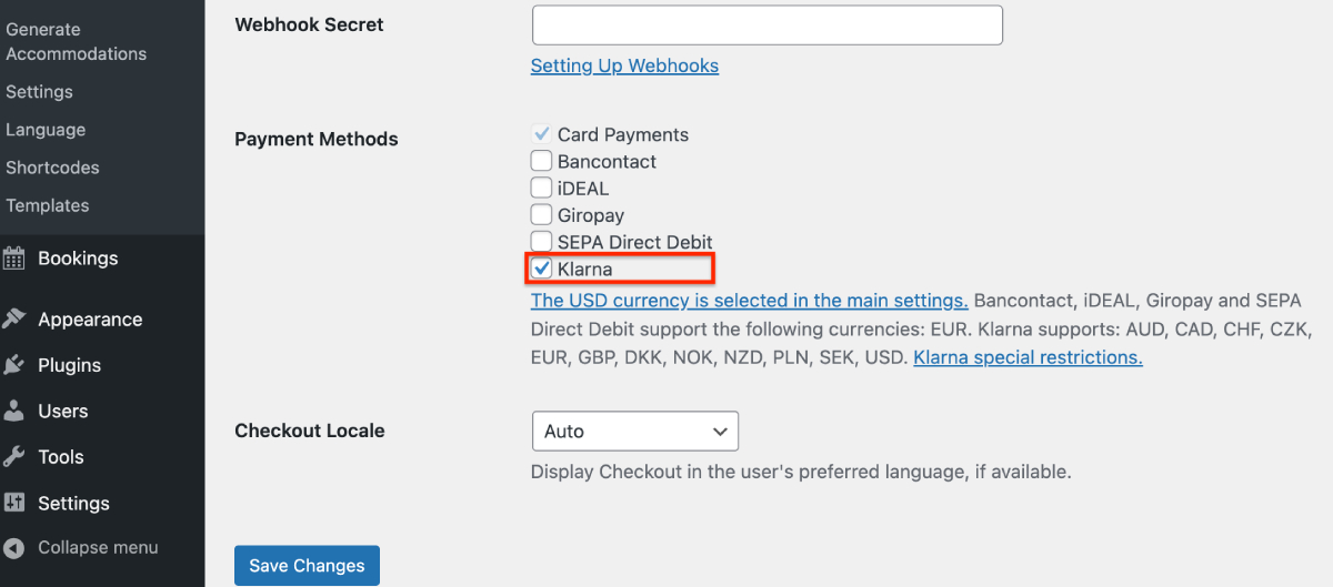 Klarna payment settings.