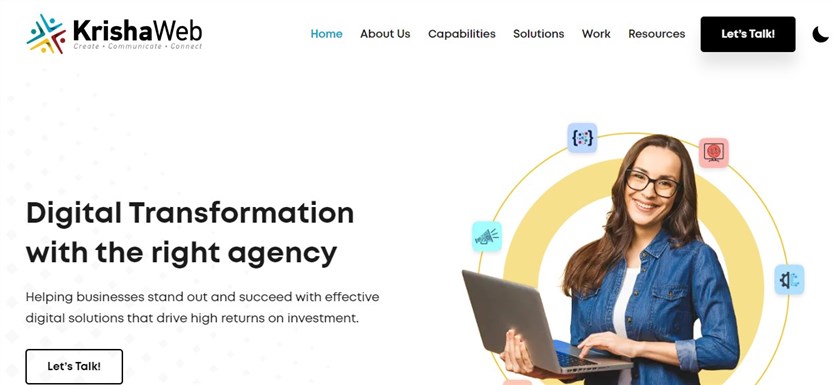 Screenshot of the KrishaWeb agency for custom site development.