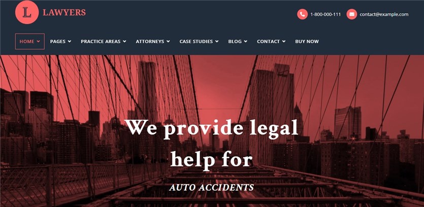 Screenshot of the Lawyers WordPress theme demo page in red, white and black colors.