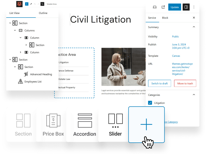 Seamless Customization with WordPress Blocks in law firm wordpress theme