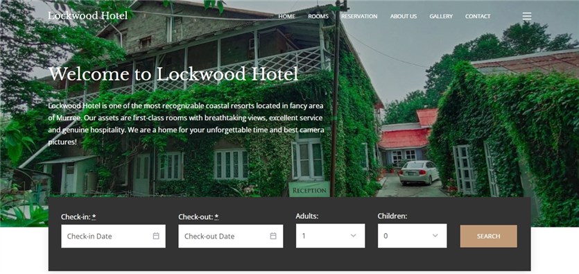 Screenshot of the Lockwood Hotel Murree website homepage in green and white colors.