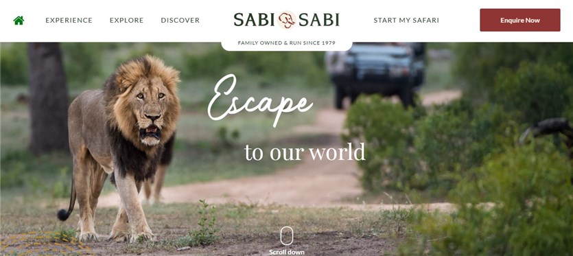 Screenshot of the Sabi Sabi safari lodge website.
