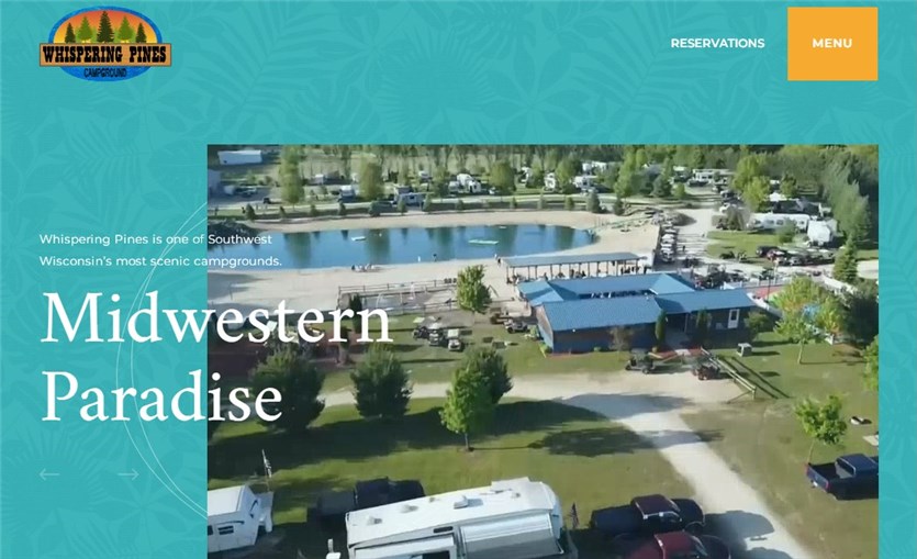 Screenshot of the Whispering Pines Campground website homepage.