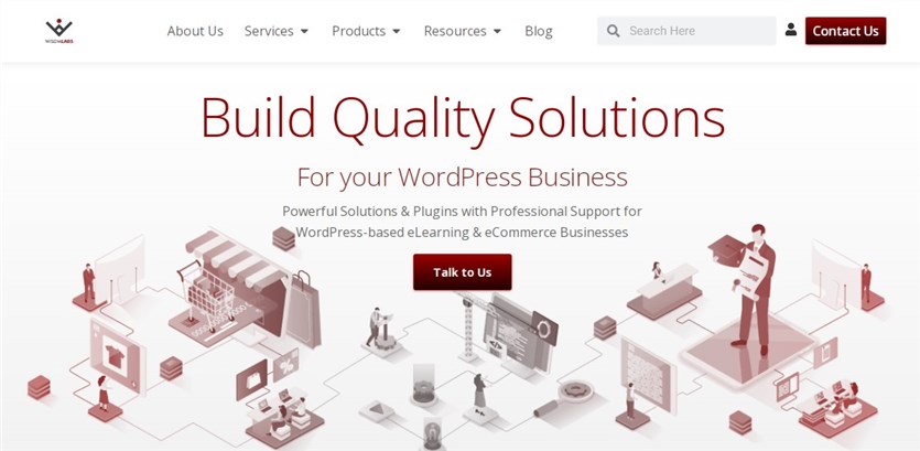 Screenshot of the WisdmLabs wordpress web development agency homepage in red and white colors.