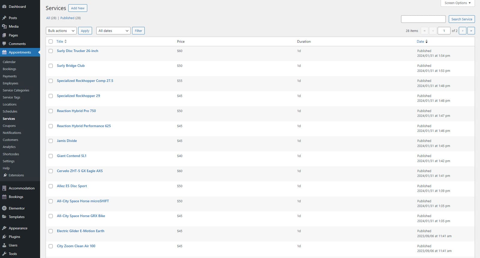 Representation of the Services tab used for resource management in Appointment Booking.